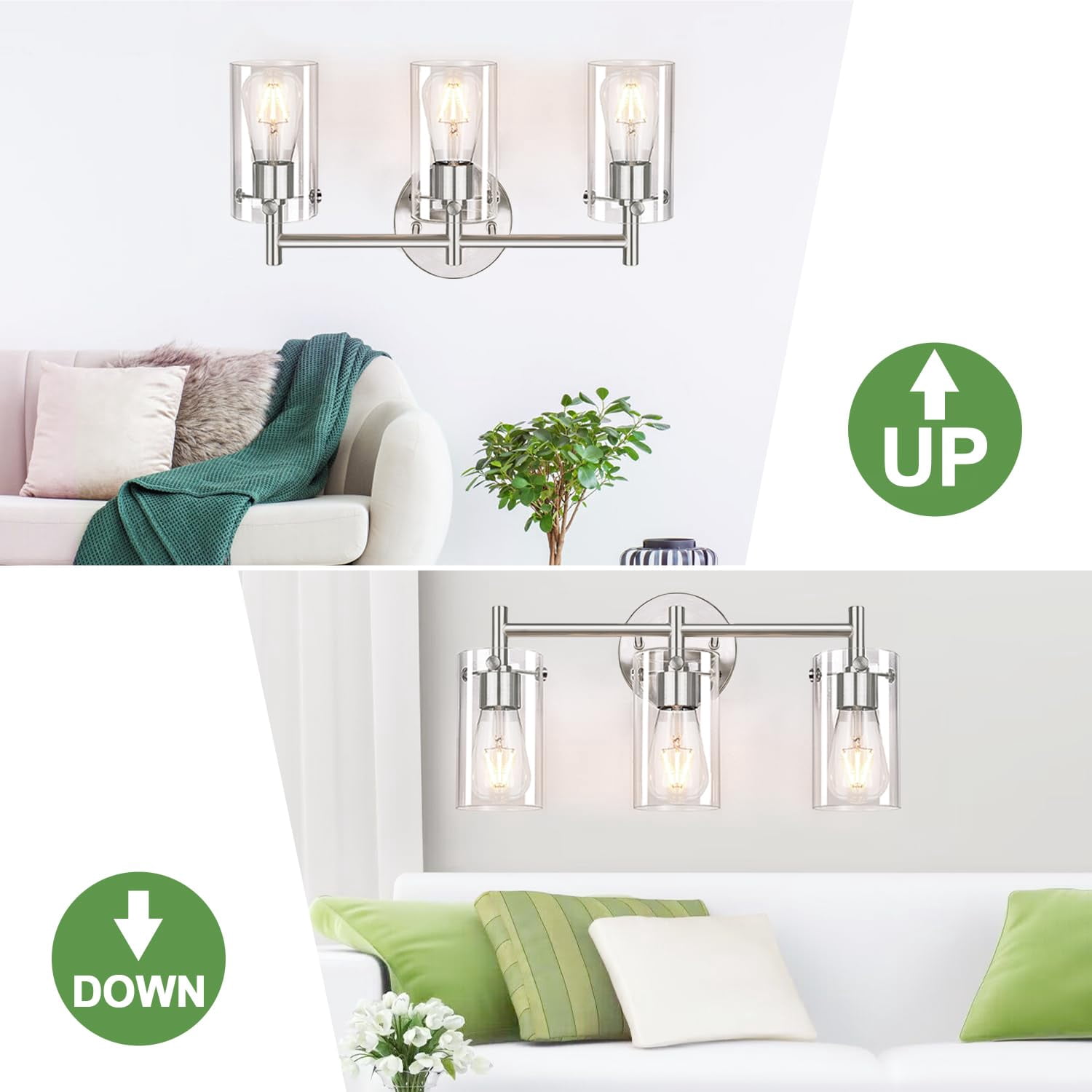 3-light Brushed Nickel Bathroom Vanity Light Fixtures  Clear Glass Shade Wall Sconces For Mirror Bedroom Living Room Hallway