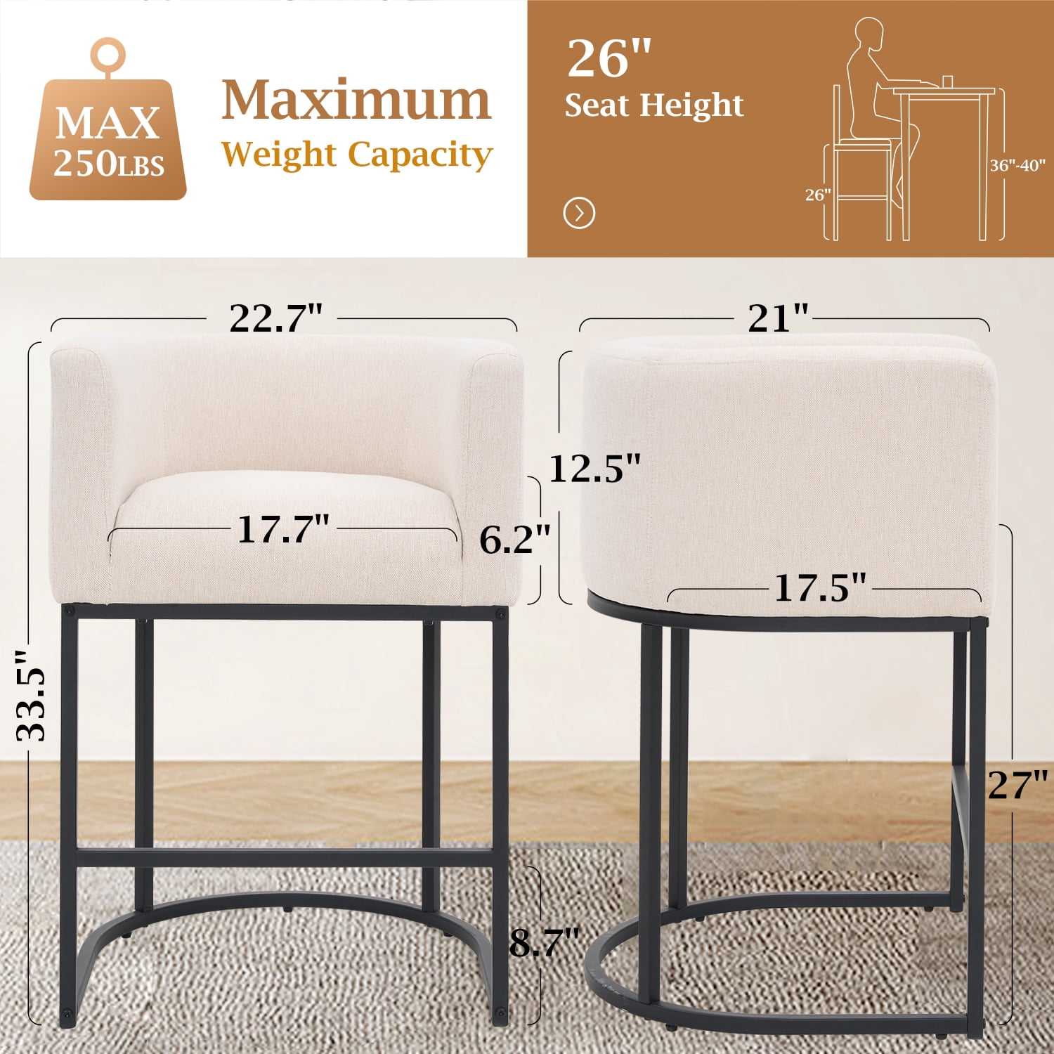 FANCROU 26" H Counter Height Bar Stools Set of 1, Fabric Barrel Stools with Back and Arms, Linen-Black Leg
