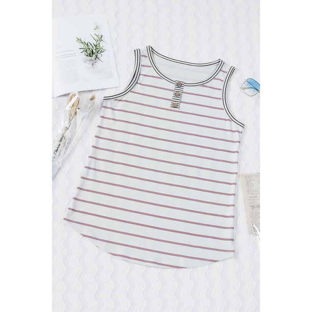 ABPHQTO Camiseta sin mangas acanalada con cuello henley a rayas para mujer