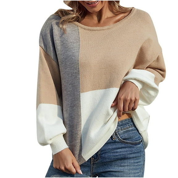 Odeerbi Women Sweater Casual Trendy Color Sweater Matching Pullover Long Sleeve Round Neck Sweater Khaki