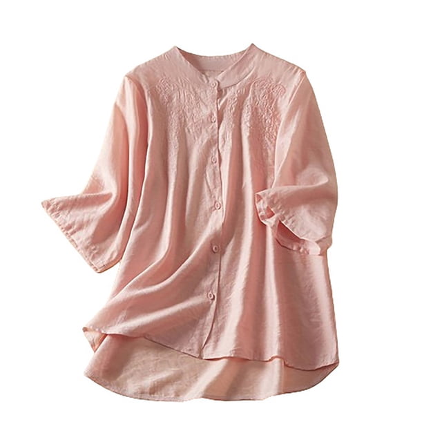 Yuyuzo Plus Size Womens Blouses Cotton Linen Button down T-Shirts 3/4 Length Sleeve Crew Neck Tee Tops