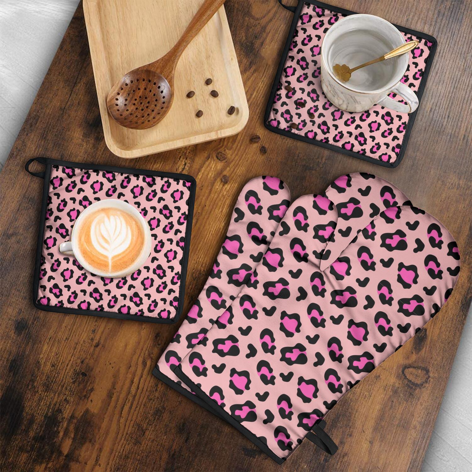 Leopard Print Oven Mitts and Pot Holders Set Of 4, Heat Resistant Kitchen Gloves with Non-Slip Grip, Hanging Loop, Soft Cotton Lining for Baking, Cooking, Grilling, Barbecue