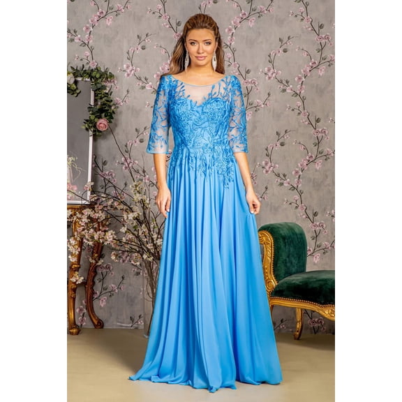 Women's GLS Gloria Bead Embroidered 3 4 Sleeve A-line Gown Gl3445 Perry Blue Size XL