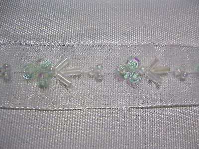Lily 0.75" White Sheer Organza Lace Trim with Light Green Iridescent Beading