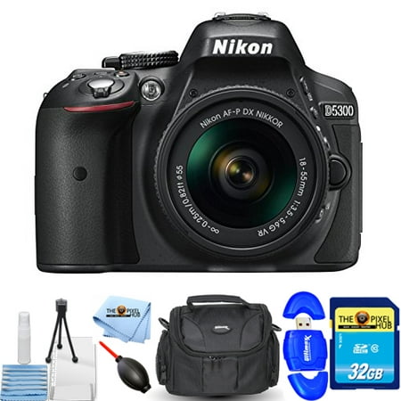Nikon D5300 Digital SLR Camera 24.2MP with AF-P 18-55mm VR Lens STARTER BUNDLE with 32GB SD, Memory Card Reader, Gadget Bag, Blower, Microfiber Cloth and Cleaning
