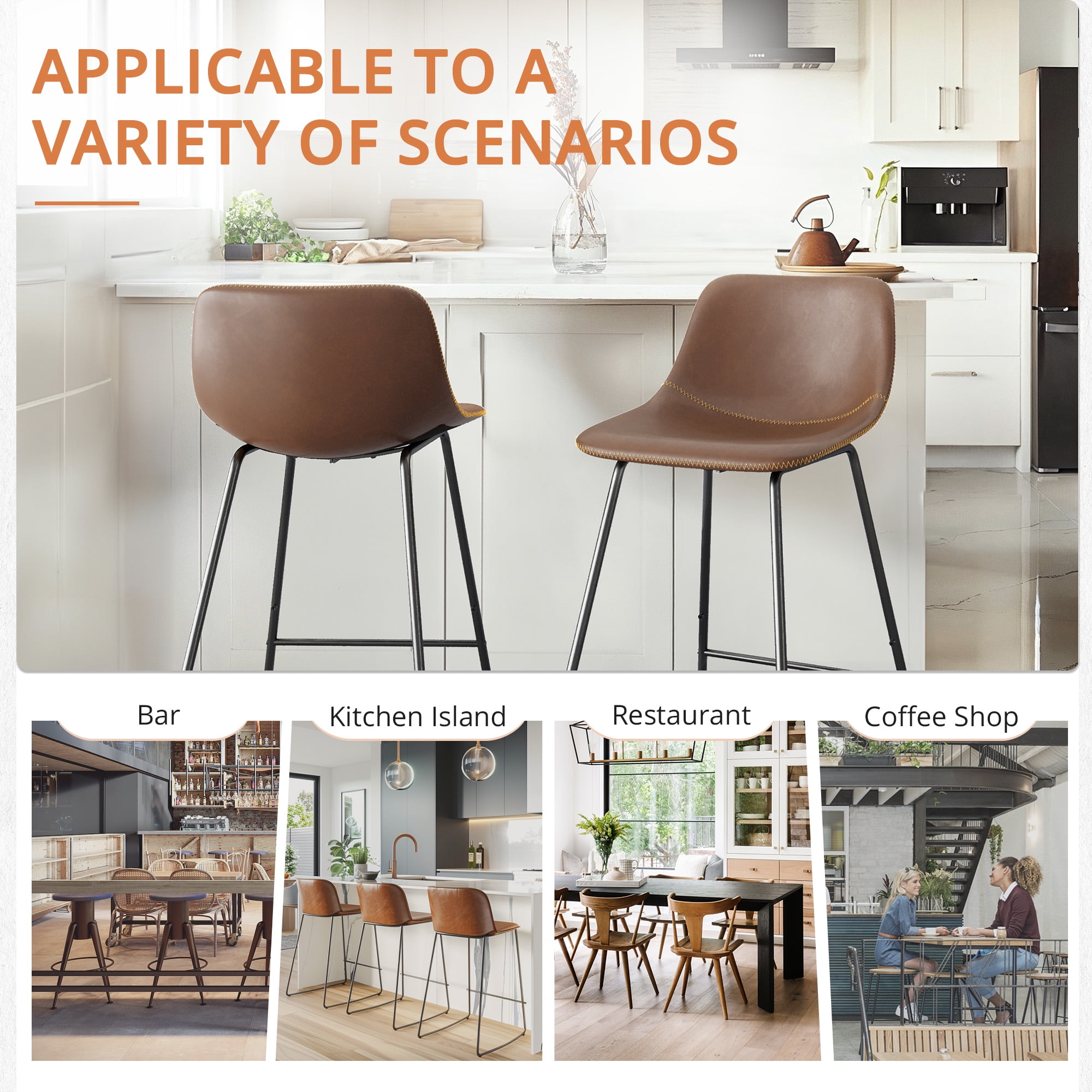 Dycanpo 24" Bar Stools Set of 4 with Back, Faux Leather, Metal Legs for Home Kitchen Island, Brown