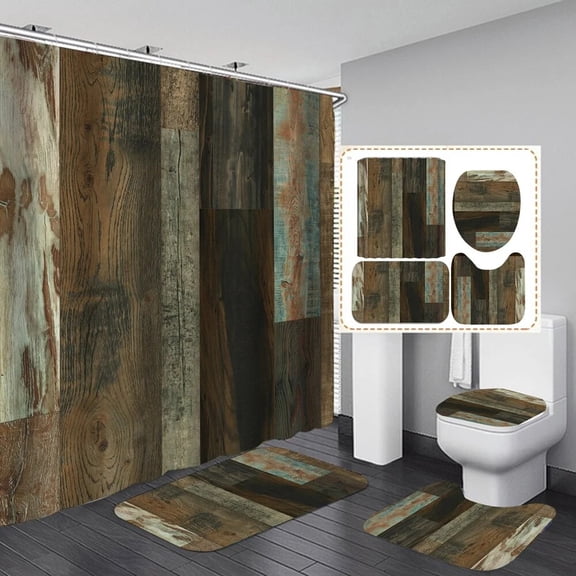 Western Rustic Shower Curtain Farmhouse Vintage Wooden Plank Country Barn Door Bathroom Sets With Rug Toilet Lid Cover Bath Mats