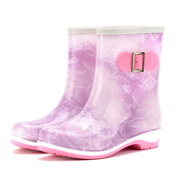 jovati Women Waterproof Rain Shoes Fashion Plastic Low Heel Jelly Color Hasp High Boots