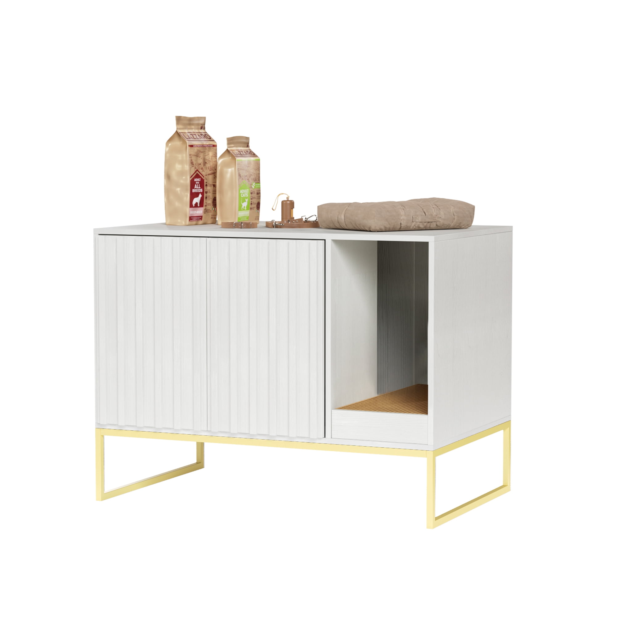 Veanerwood Litter Box Enclosure,Modern Cat Litter Box Enclosure Furniture Hidden Litter Box with Cat Scratch Pad, Cat Washroom Cat House End Table, Entryway Bench for Livingroom (White)