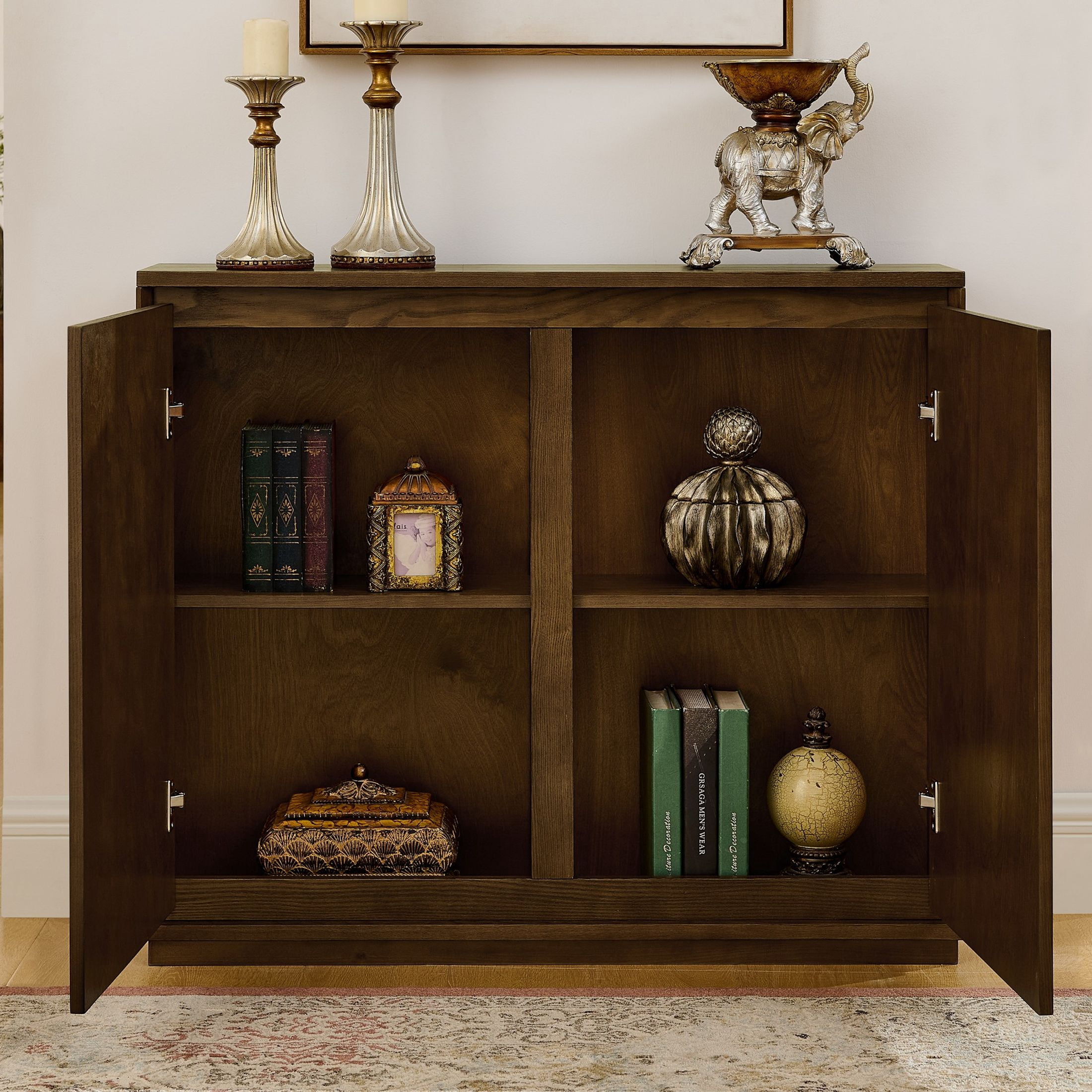 GDF Studio 39" Mid Century Modern V-Shaped Fluted Sideboard Cabinet with Outlet Holes, Brown