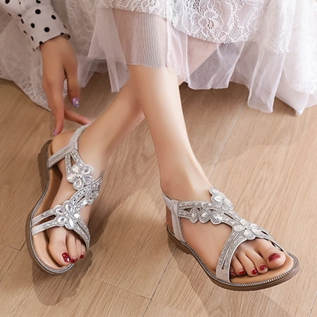 

Alueeu Women s sandals Ladies Summer Fashion Plus Size Comfortable Rhinestone Flower Wedge Sandals