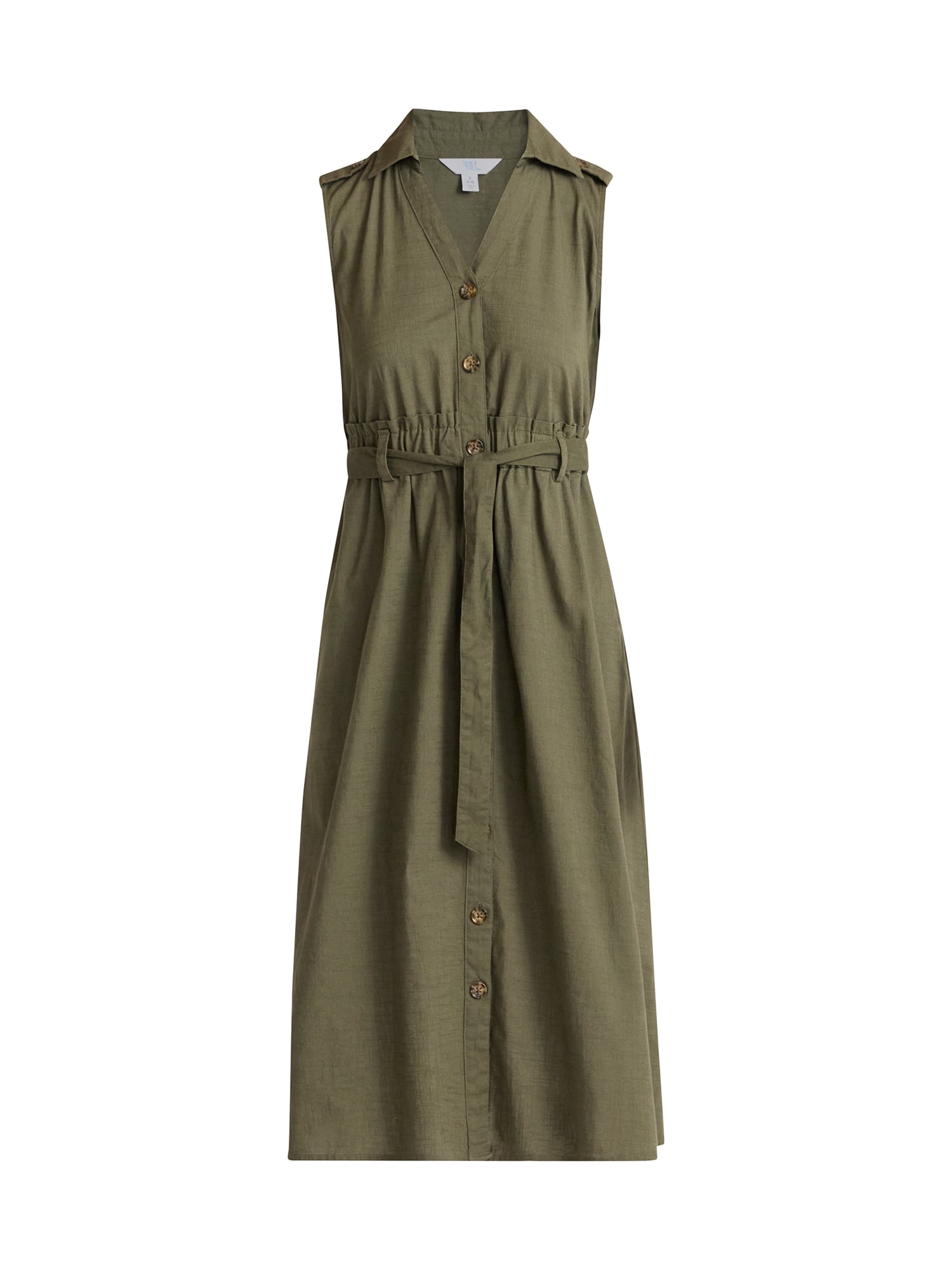 Time and Tru Women's Sleeveless Cotton Belted Midi Shirtdress, Sizes XS-XXXL