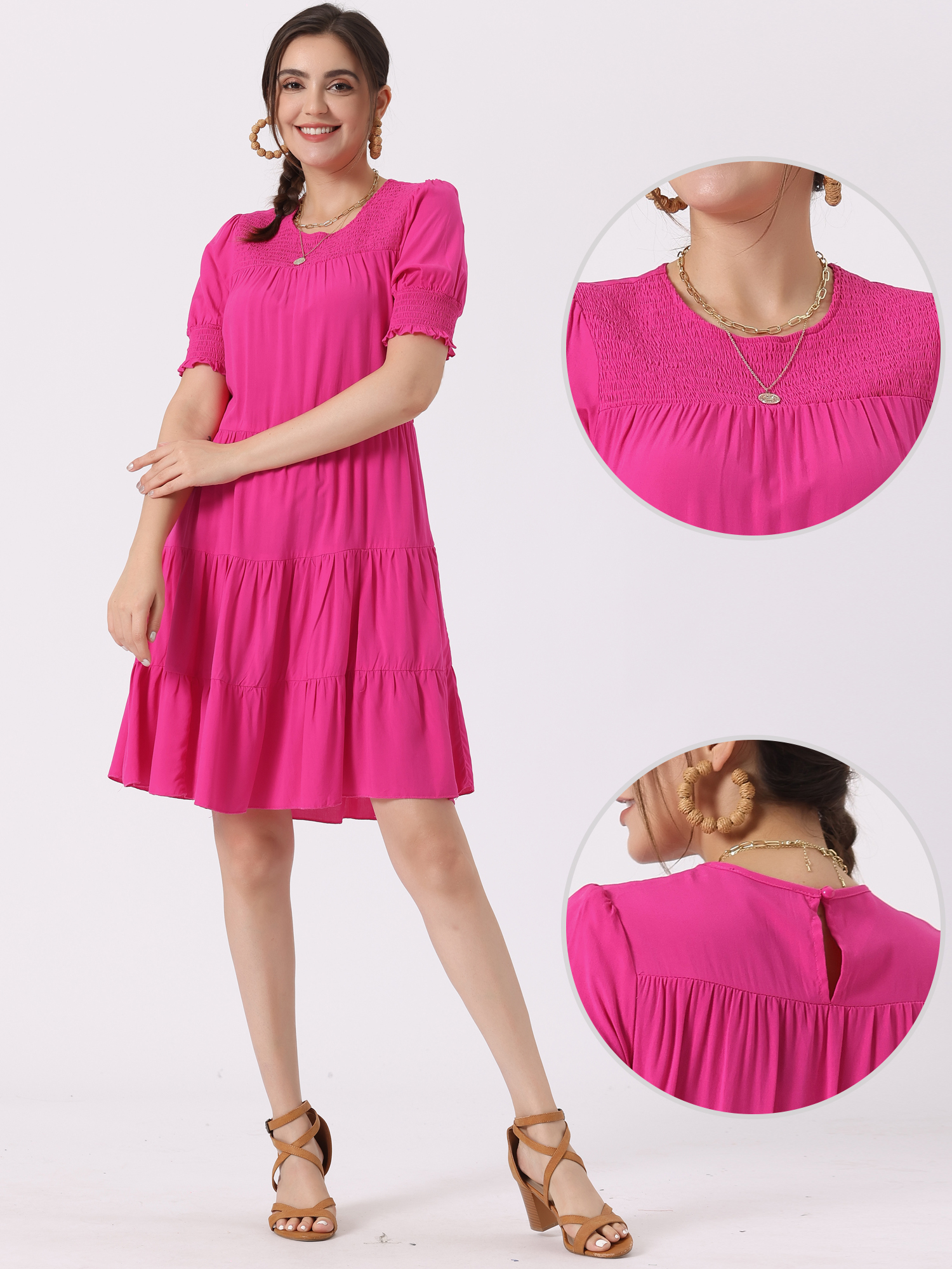 DARING DIVA Babydoll Swing Dress Tiered Tunic Dress XS Hot Pink
