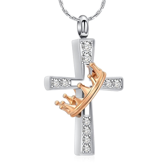 Stone Setting Cross w Crown Urn Pendant Memory Necklace for Cremation Ashes Holder Memorial Jewelry