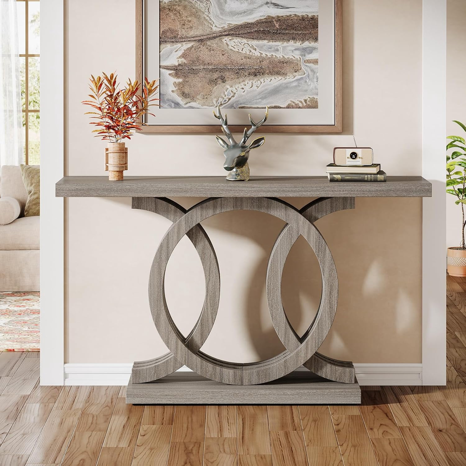 Finmind 55" Console Table with Geometric Wood Base, Modern Entryway Table, Gray