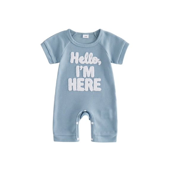 BemeyourBBs Hello I'm Here Baby Boy Summer Clothes Newborn Baby Boy Hospital Going Home Outfit Waffled Romper Letter Embroidered Short Sleeve One Piece Jumpsuit