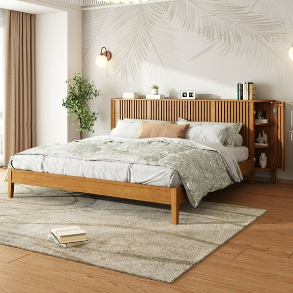 Christopher Knight Home King Size Pine Wood Bed Frame with Slat Headboard and Side Storage Cabinets, Natural