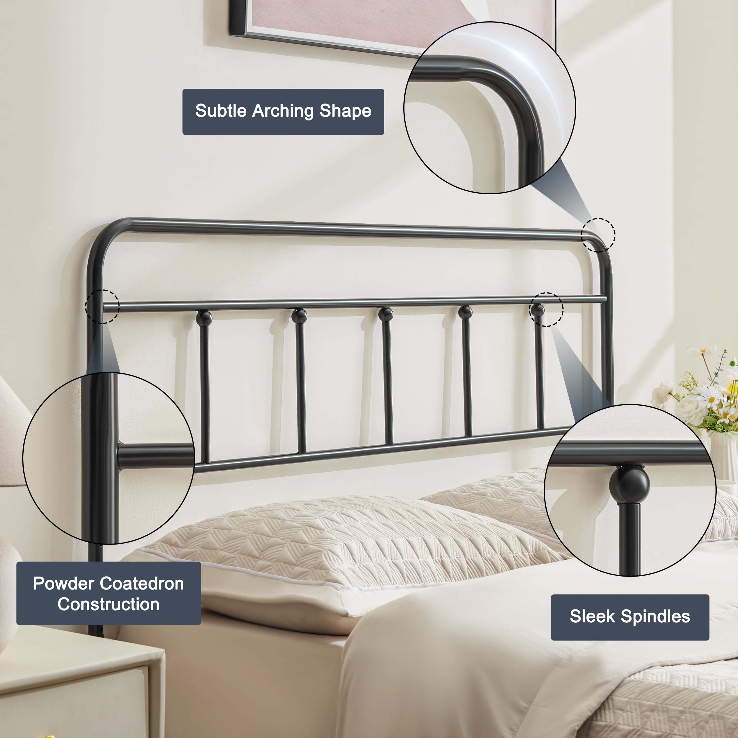 Huatean Twin Size Metal Headboard, Iron Head Board Adjustable Height from 34" to 44", Black