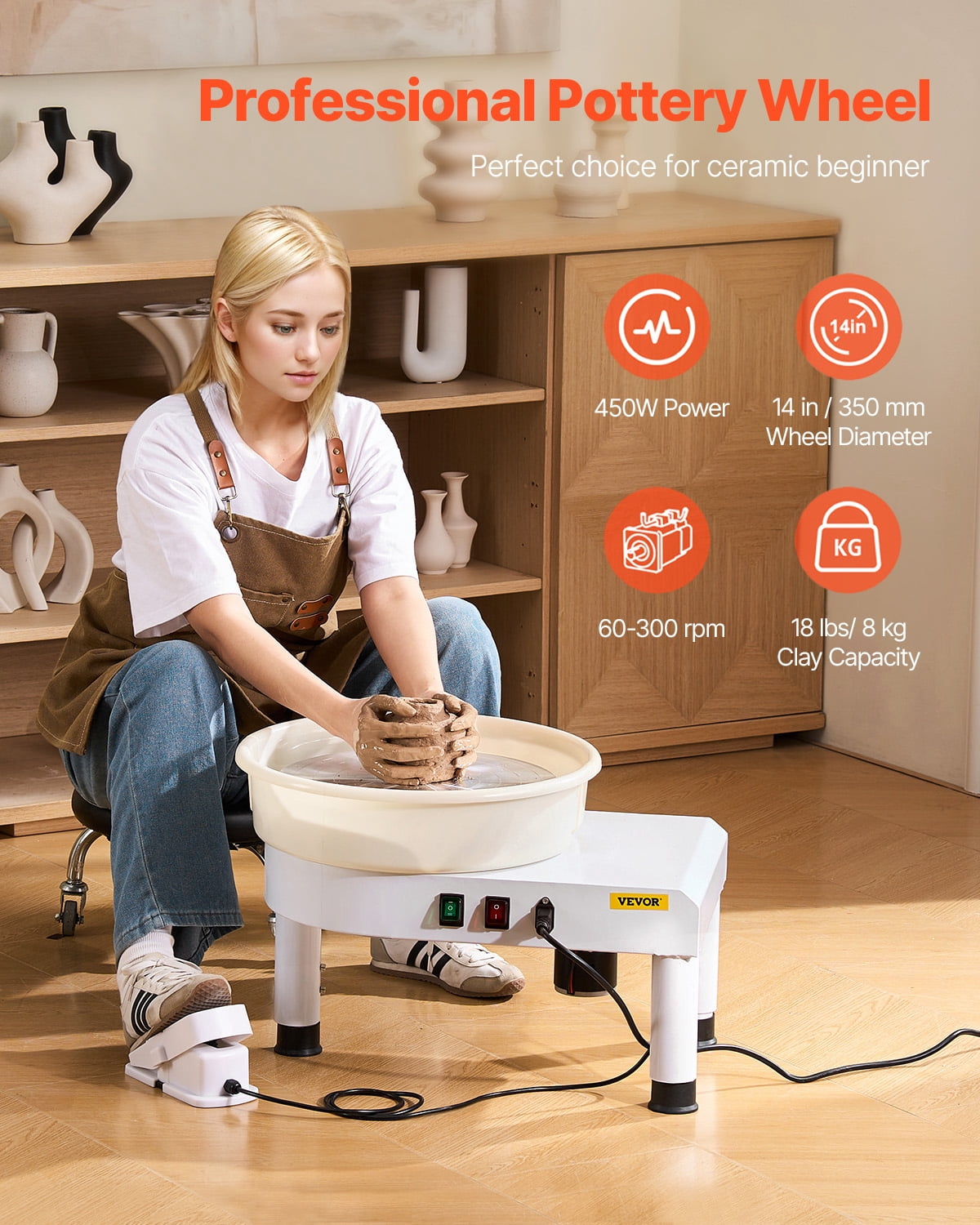 VEVOR Pottery Wheel, 14 in Ceramic Wheel Forming Machine, 60-300 RPM Adjustable Speed with Foot Pedal Control, Detachable Basin, Adjustable Lift Leg, Complete Accessories for Home Pottery, DIY, White