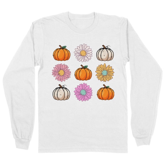 Fall Pumpkins and Flowers Long Sleeve Shirt Unisex Large White