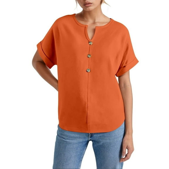 OSOLU Solid Color Women Buttoned V-Neck T-Shirt Short Sleeve Tee Tops Cute Dailywear