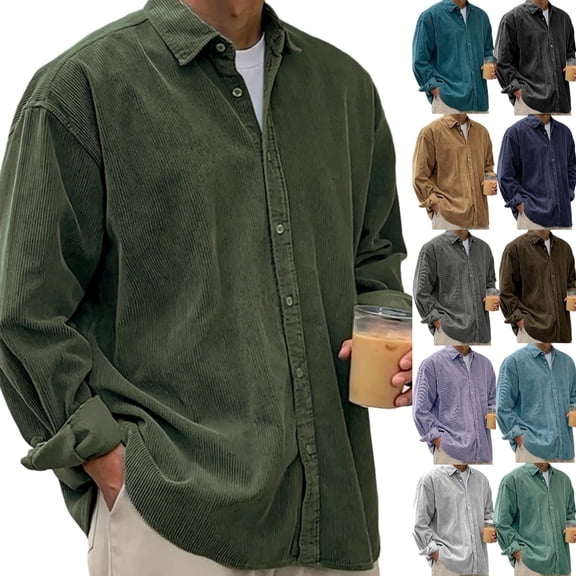 Men's Corduroy Button Down Shirt Casual Long Sleeve Loose Fit Square Neck Thick Cotton Shirt for Fall Winter Outdoor Daily Wear Army Green L