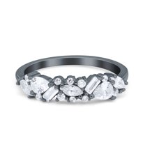 Black Tone, Simulated Cubic Zirconia Size-5 Art Deco Half Eternity Band Pear Marquise Baguette Wedding Band Ring Bridal 925 Sterling Silver
