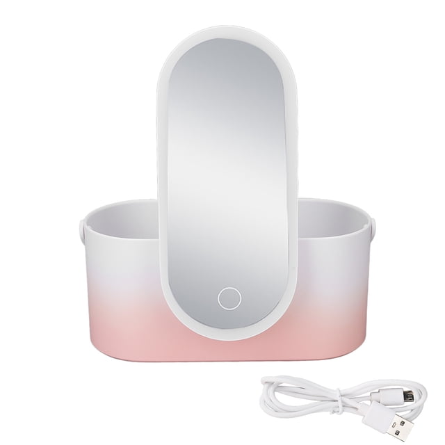 Estuche de maquillaje rosa degradado, portátil, de gran capacidad, plegable, giratorio, con luz LED, caja de almacenamiento de maquillaje con espejo de maquillaje.