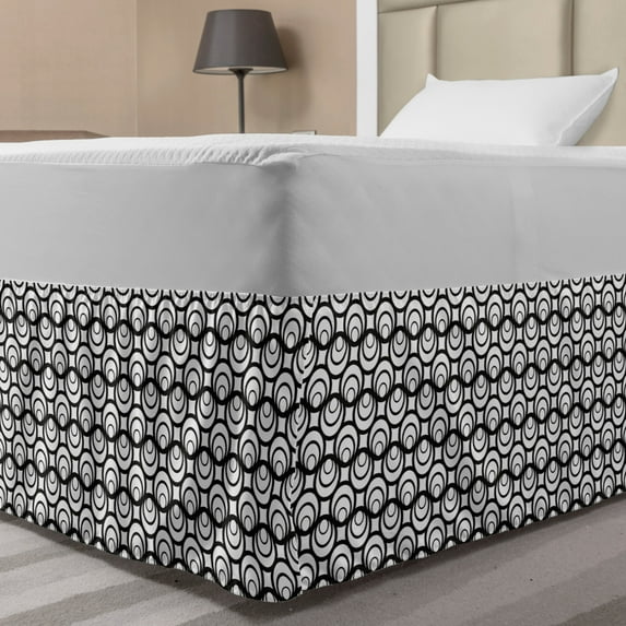 Abstract Bed Skirt, Modern Composition of Intricate Circles Connected on Horizontal Waves, Elastic Bedskirt Dust Ruffle Wrap Around for Bedding Decor, 4 Sizes, Charcoal Grey and White, by Ambesonne