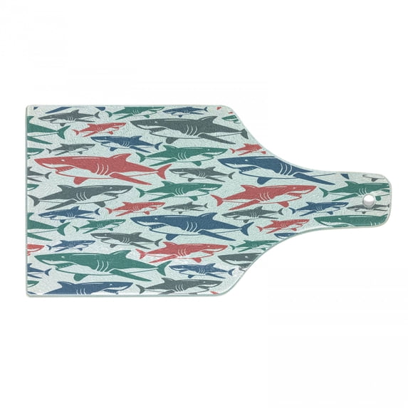 Shark Cutting Board, Colorful Underwater Fish Pattern Masters Survival Predators Dangerous Nature, Decorative Tempered Glass Cutting and Serving Board, Wine Bottle Shape, Multicolor, by Ambesonne