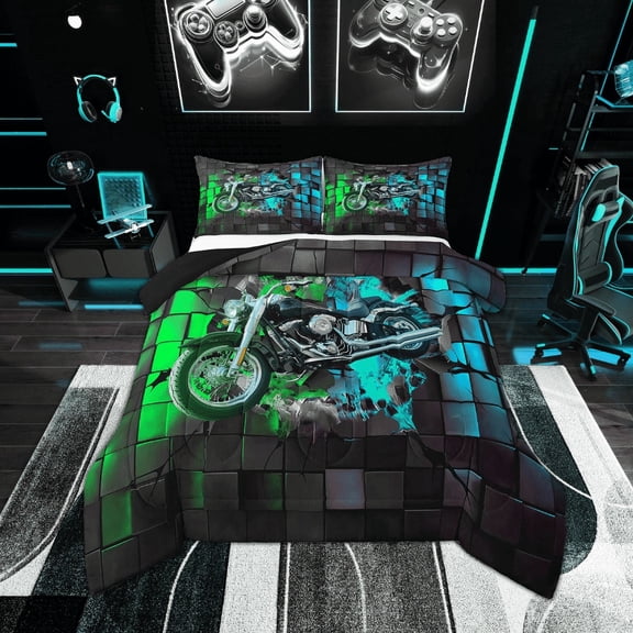 Erosebridal Motorcycle Motorbike Bedding Twin Comforter Set,Extreme Sports Down Comforter,Plaid Buffalo Bedding Sets Twin with Comforter,Super Cozy Teens Bedroom Decor,Reversible,2-Piece