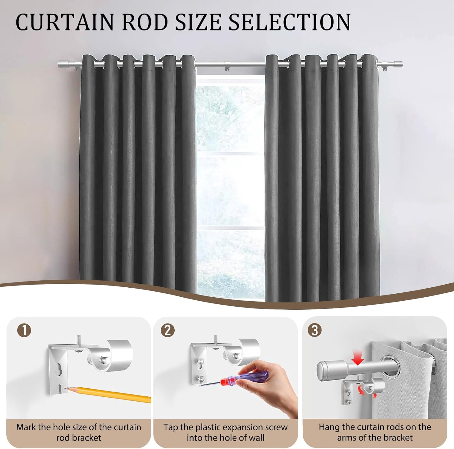 1” Diameter Silver Curtain Rods for Windows, 1 Pack 30-120 Inch Heavy Duty Window Treatment Rods, Long Adjustable Rod, Fits Most Standard Suitable Bedroom, Living Room, Farmhouse