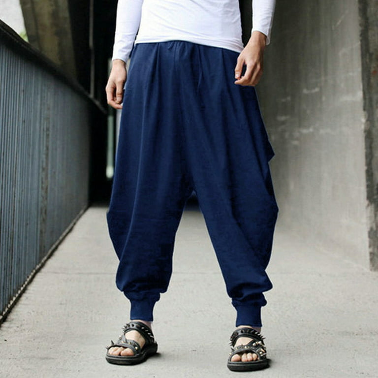 Men's Loose Casual Harem Japanese Trousers Baggy Fit Hippy Hakama Pants  Bottoms 