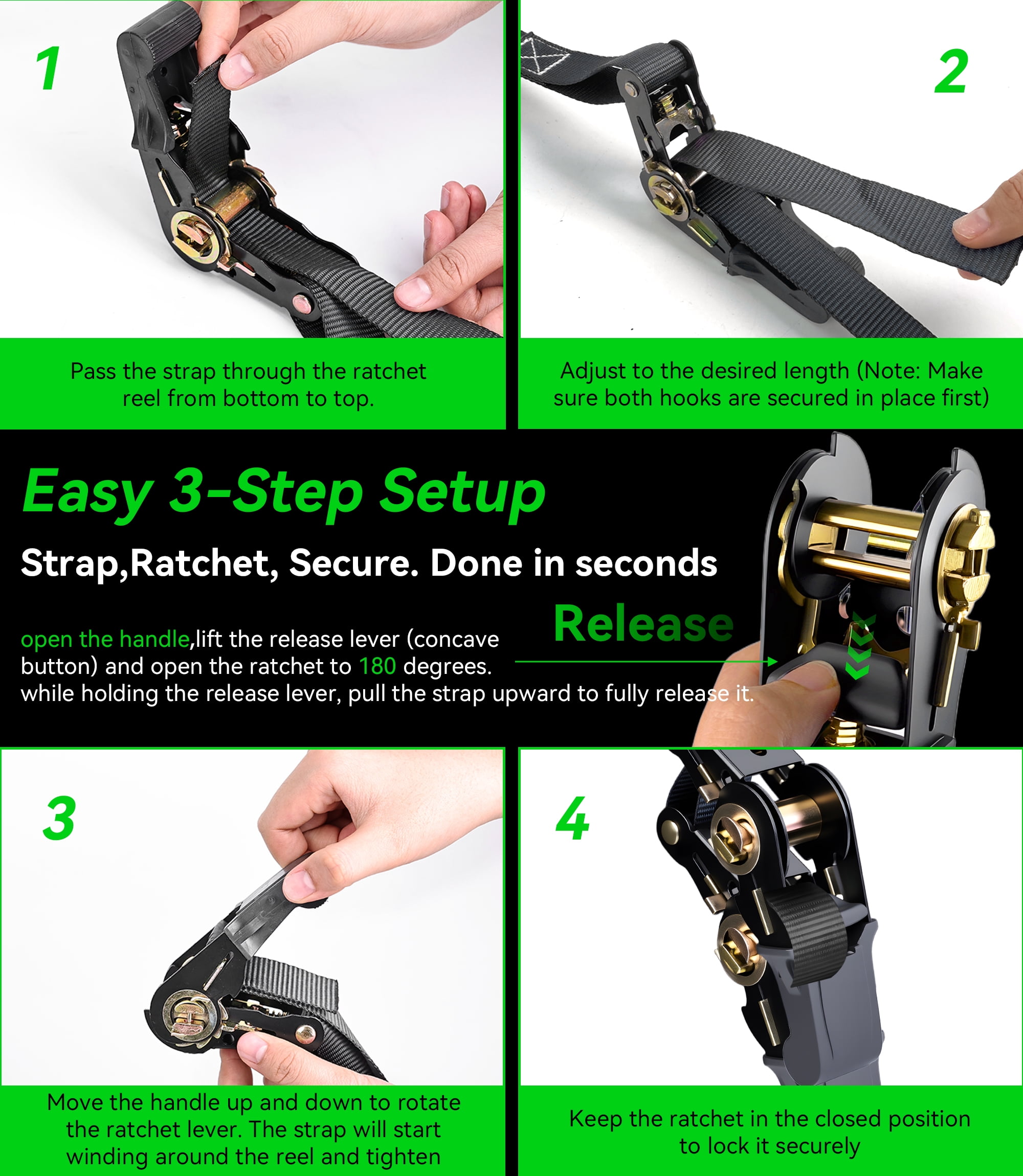 FLORAY 1" x 15' Heavy Duty Ratchet Strap with S Hooks, 4 pack - 2,200lbs Break Strength, Retractable CargoTie Down Ratcheting for Trucks and Trailers