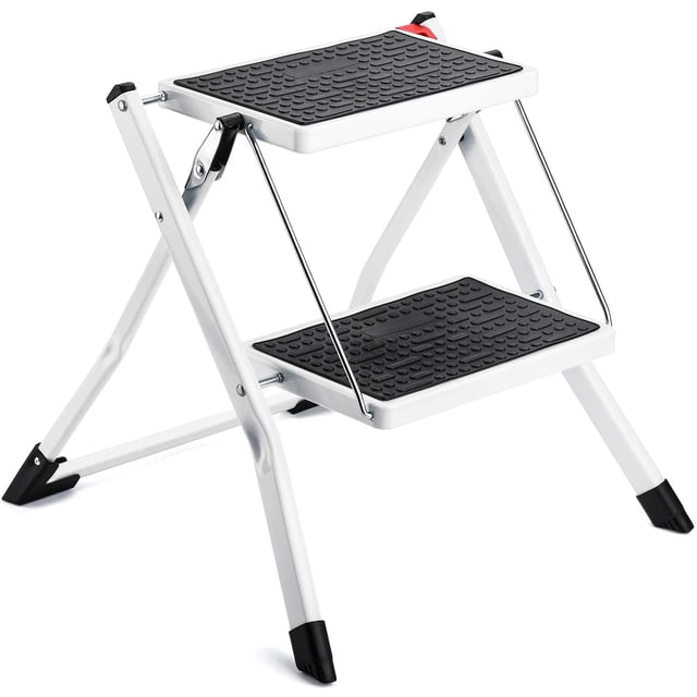 Amdohai 2 Steel Step Stool Step ladders for Adults and Kids, Lightweight White Folding Two Step Ladder Sturdy and Anti-Slip Wide Pedal Steel Ladder Mini-Stool 300lbs White