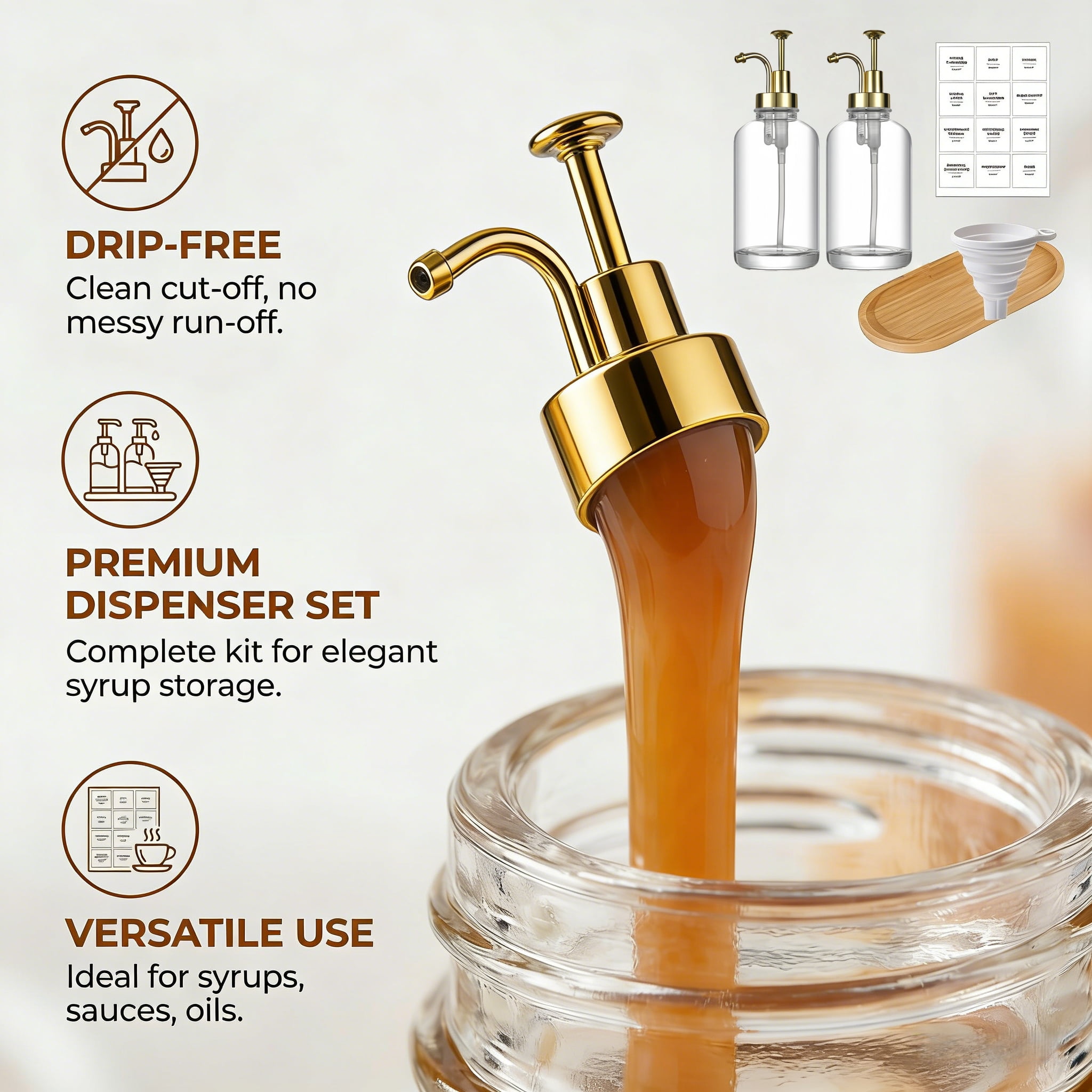 Coffee Bar Accessories, Coffee Syrup Dispenser - 2pack, Bring a Tray16.9oz Syrup Dispenser with Labels,Syrup Pump Dispenser for Coffee Bar(Gold pump)