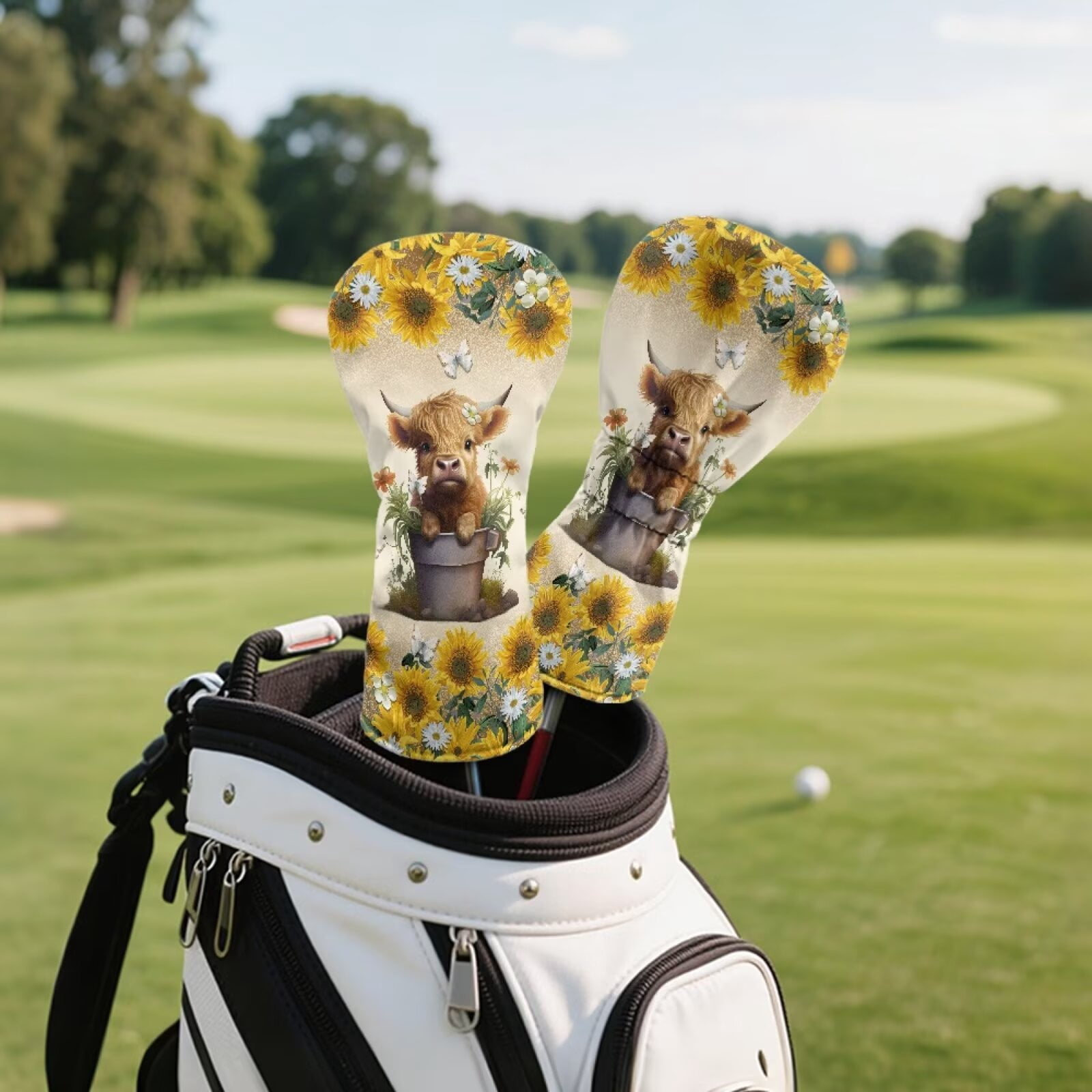 Uorisanigo Golf Club Head Covers - 3pcs Accessories Baby Highland Cow Sunflower Golf Club Headcovers Set for Fairway Woods Driver Hybrids- Waterproof and Durable PU Leather