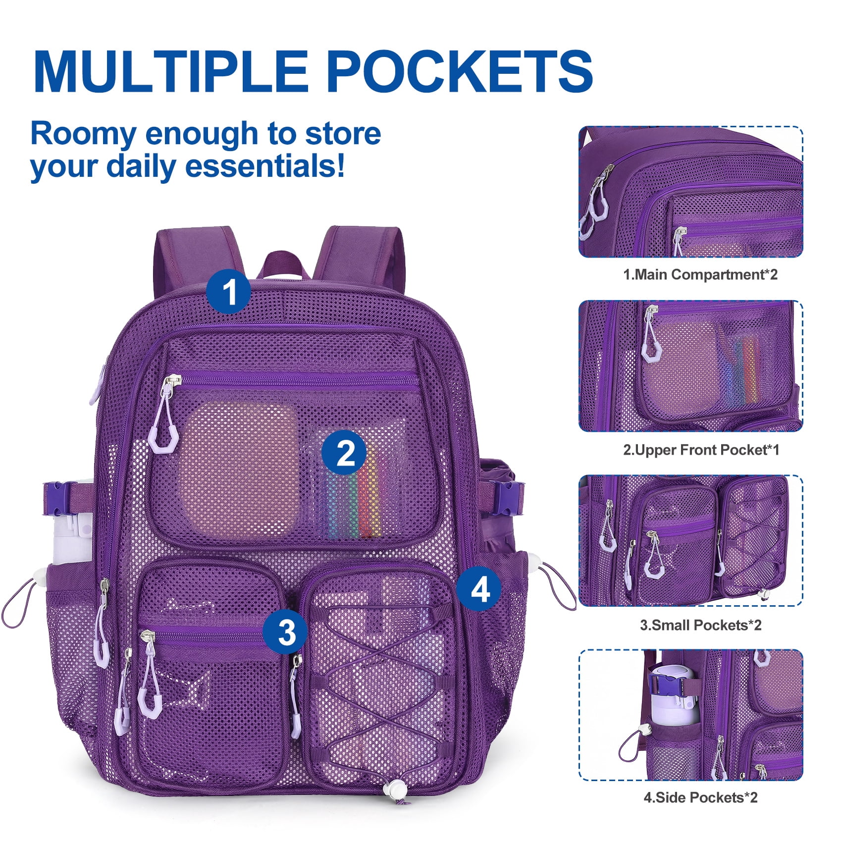 KOITHOT Mesh Backpack Heavy Duty, Stadium Approved Multi-Pocket Beach Backpacks for Adults, See Through Transparent Mesh Bookbag for School & Travel(Purple)