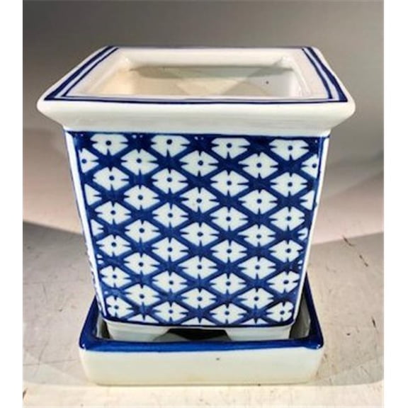 Porcelain Bonsai Pot, Blue & White - Square