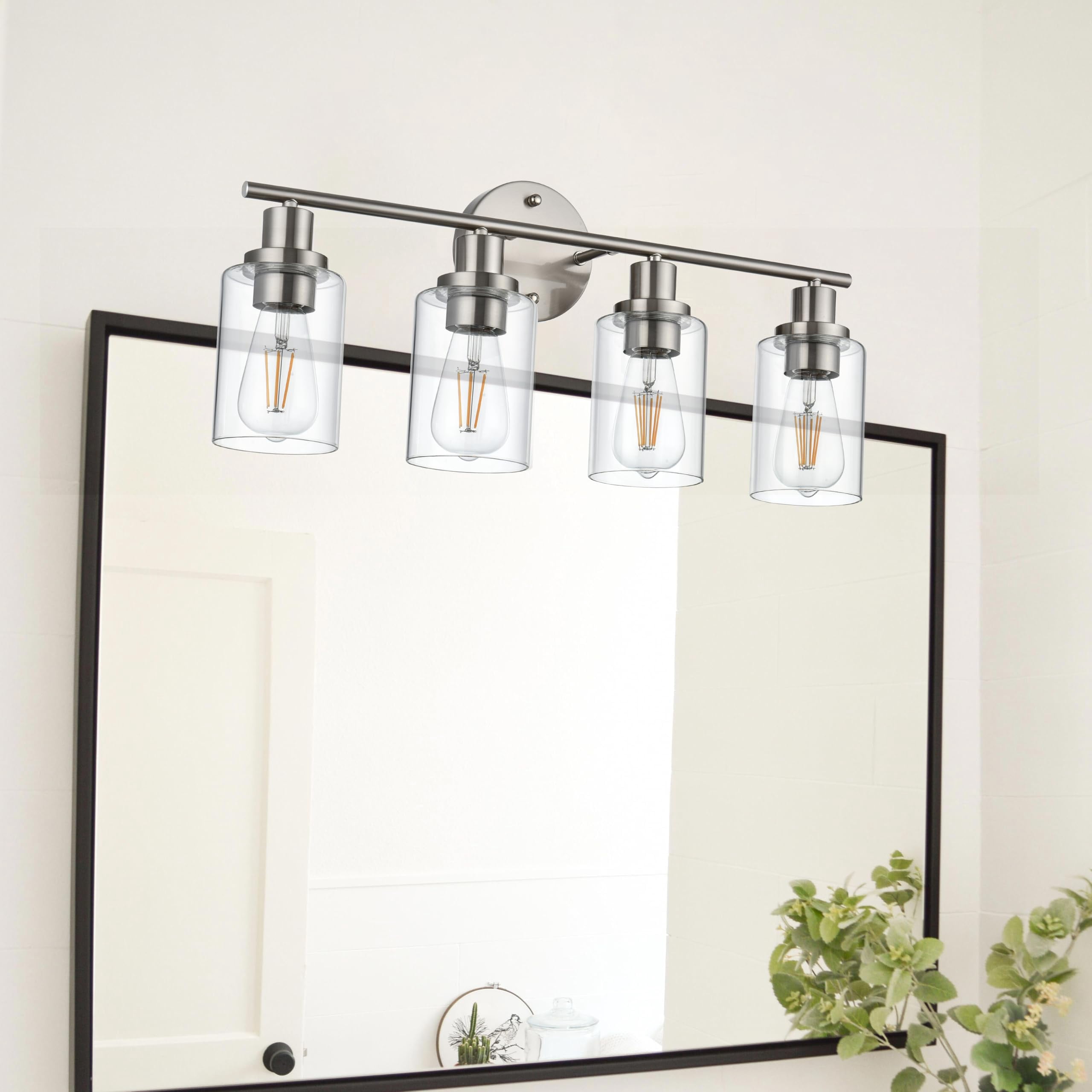 Melucee 4-light Vanity Light with Round Plate – Brushed Nickel Modern Bathroom Light Fixture, Dimmable Wall Sconce for Mirror, Bedroom, Makeup Area