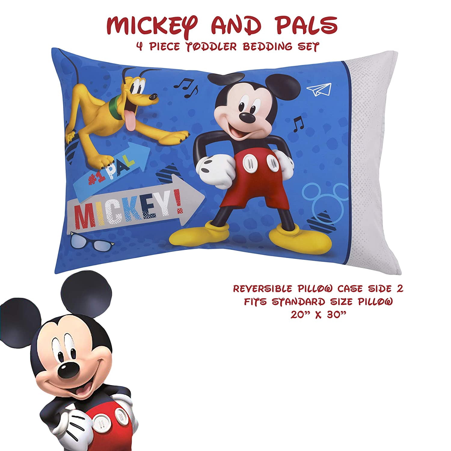 Disney Mickey Mouse 4 Piece Bedding Sets, Toddler Bed with Comforter, Fitted Sheet, Flat Top Sheet, Pillowcase