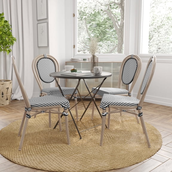 Merrick Lane Set of Four Stacking Thonet Bistro Style Chair with Black & White Textilene Seat and Bamboo Finished Metal Frame for Indoor/Outdoor Use