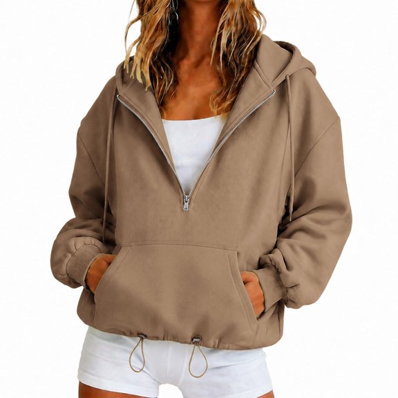 WULMLEO Half Zip Pullover for Women Y2K Sweatshirt Hoodies Oversized Casual Workout Fall Winter Tops with Pockets Khaki 2XL