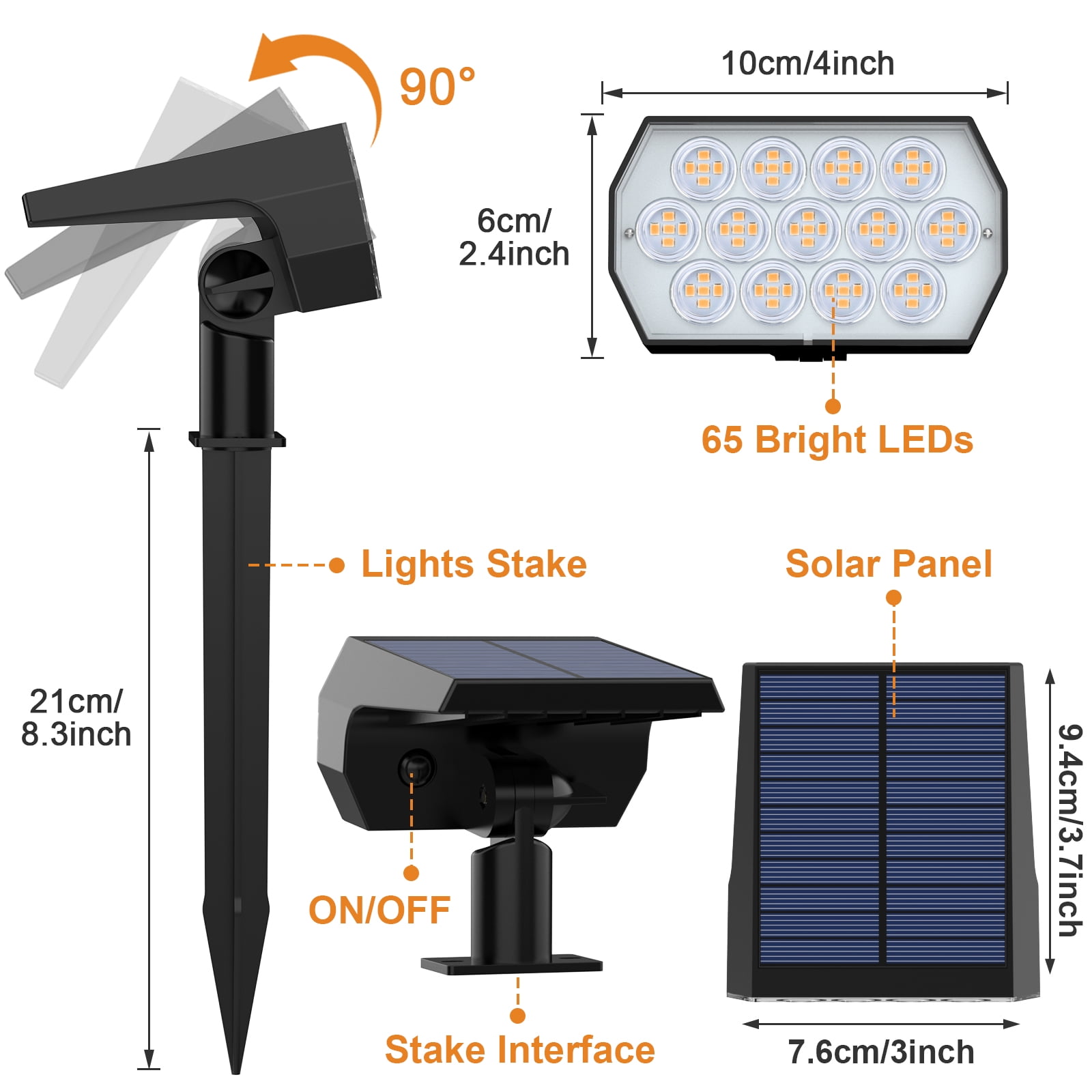 Fratink Solar Lights Outdoor 6 pack, 65 LED IP65 Waterproof, 3 Modes 2-in-1 Landscape Solar Spotlight for Patio Pathway Yard (Warm White)