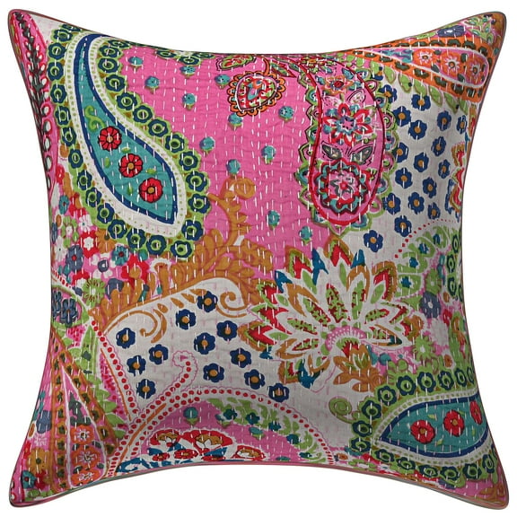Stylo Culture Ethnic Couch Throw Pillow Cover 16x16 Paisley Floral Kantha Light Pink Printed 40x40 cm Home Decor Accent Pillowcase Cotton Square Cushion Cover | 1 Pc