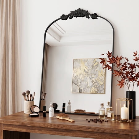 Cuteday Vintage Wall Mirror 22 x30 Arched Mirror for Vanity Antique Decorative Mirrors with Carved Metal Frame for Bedroom Living Room Entryway Fireplace Hallway Black