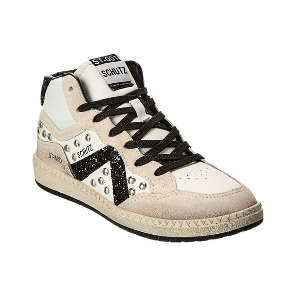 SCHUTZ St Mid Rock Leather High-Top Sneaker, 7, White