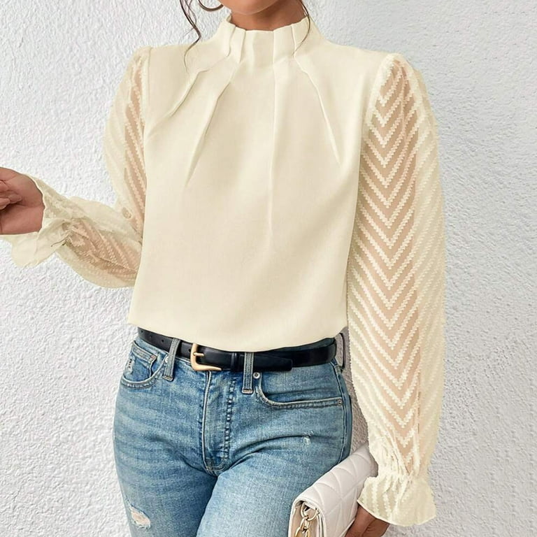 Mikilon Women Half High Neck Business Blouses Solid Color Long