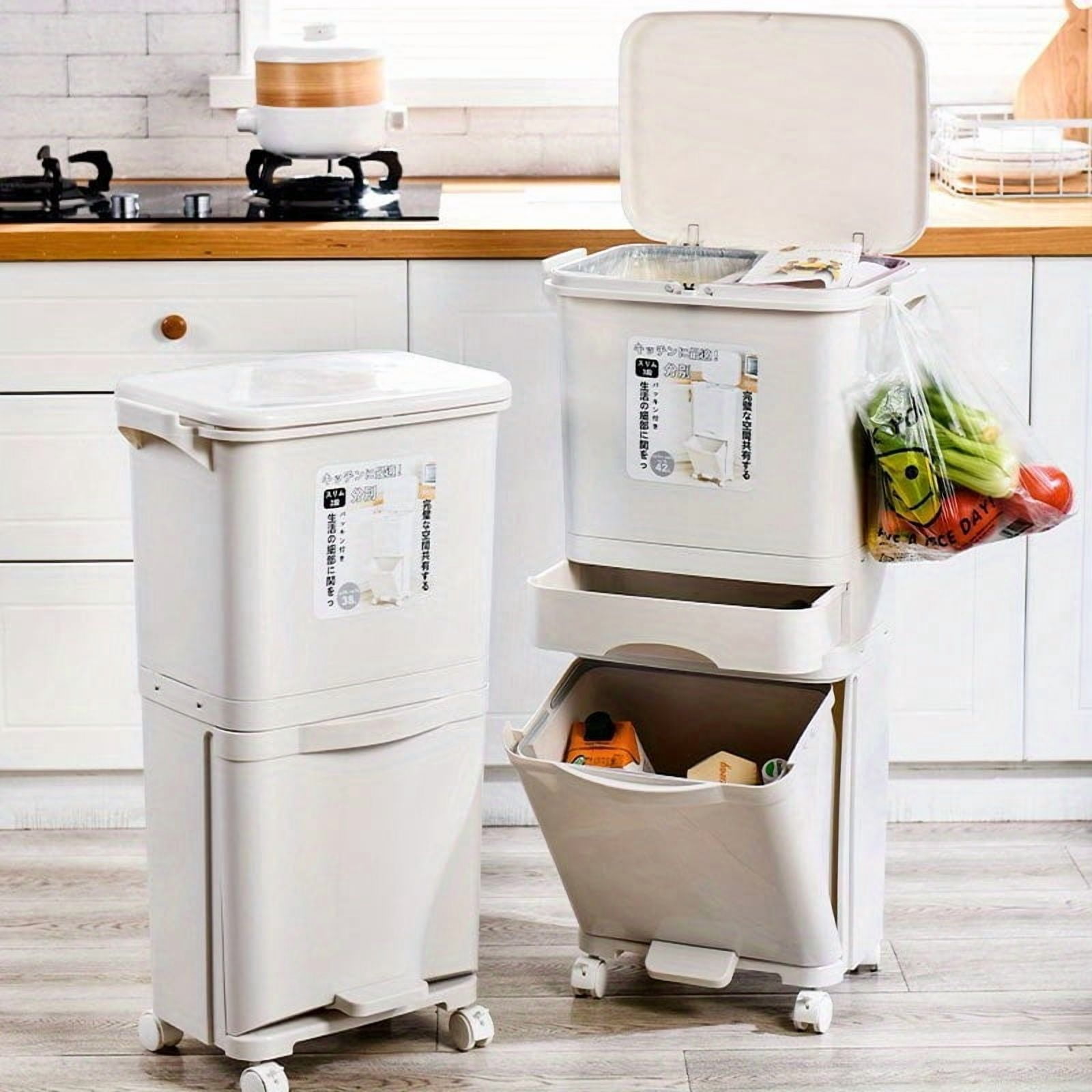 Large Double-Layer Trash Can with Lid – Foot Pedal Garbage Bin for Kitchen, Dry & Wet Waste Separation, Durable Plastic Rubbish Bin for Home, Office, and Cleaning Supplies