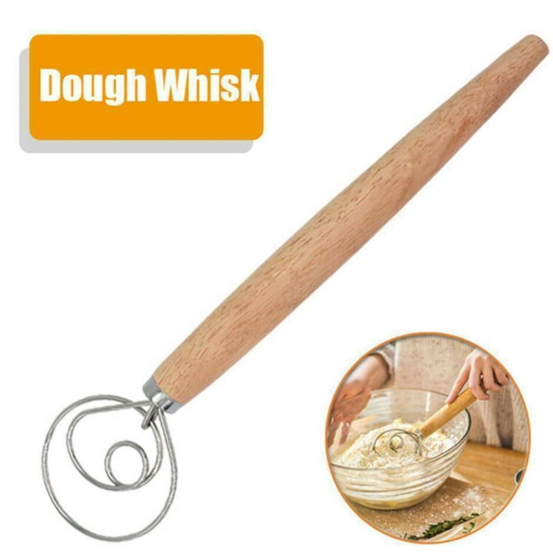 2 Pack Danish Dough Whisk Stainless Steel Wired Dutch Style Bread Flour Mixer Oak Handle Blender Baking Accessories 